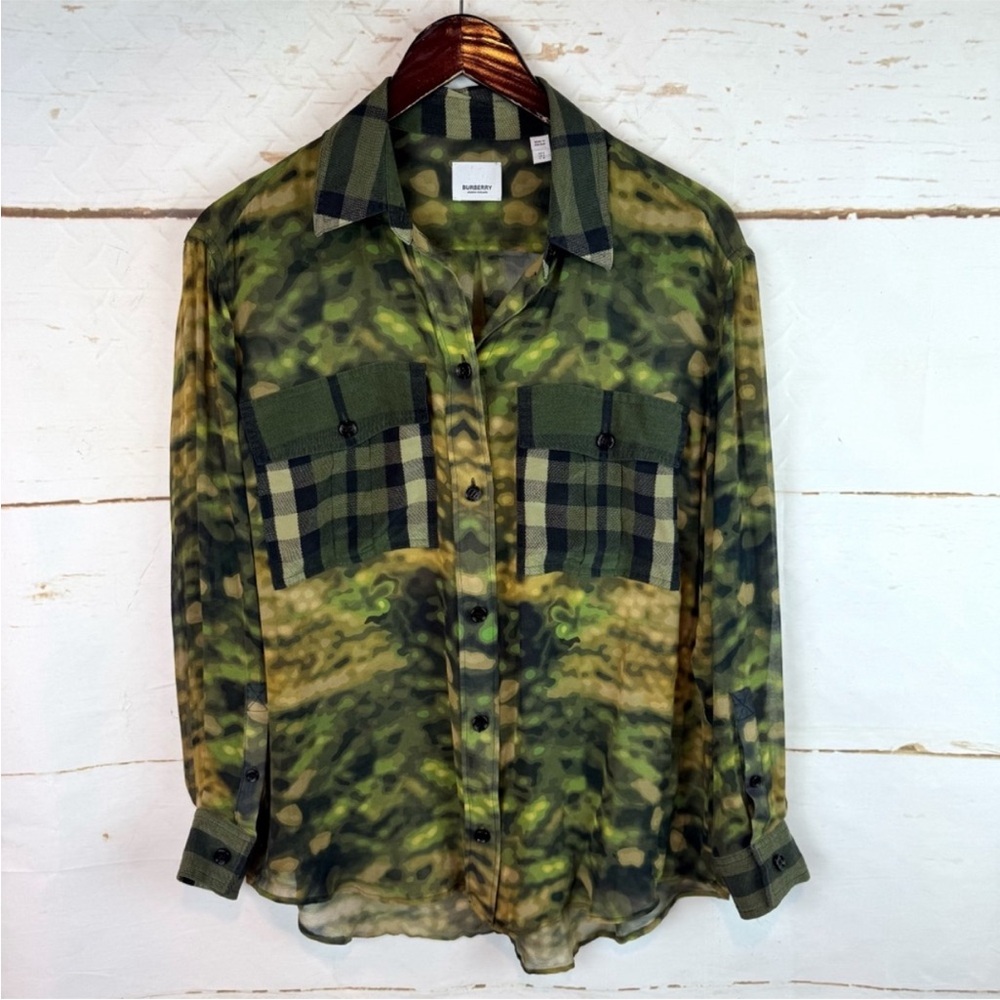 Burberry Green and Brown Camouflage Blouse